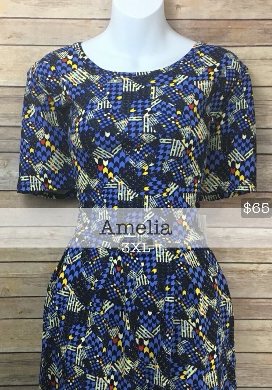 NWT Lularoe Amelia dress 3XL 3X 24 26 plus fit & flare blue yellow geometric NEW